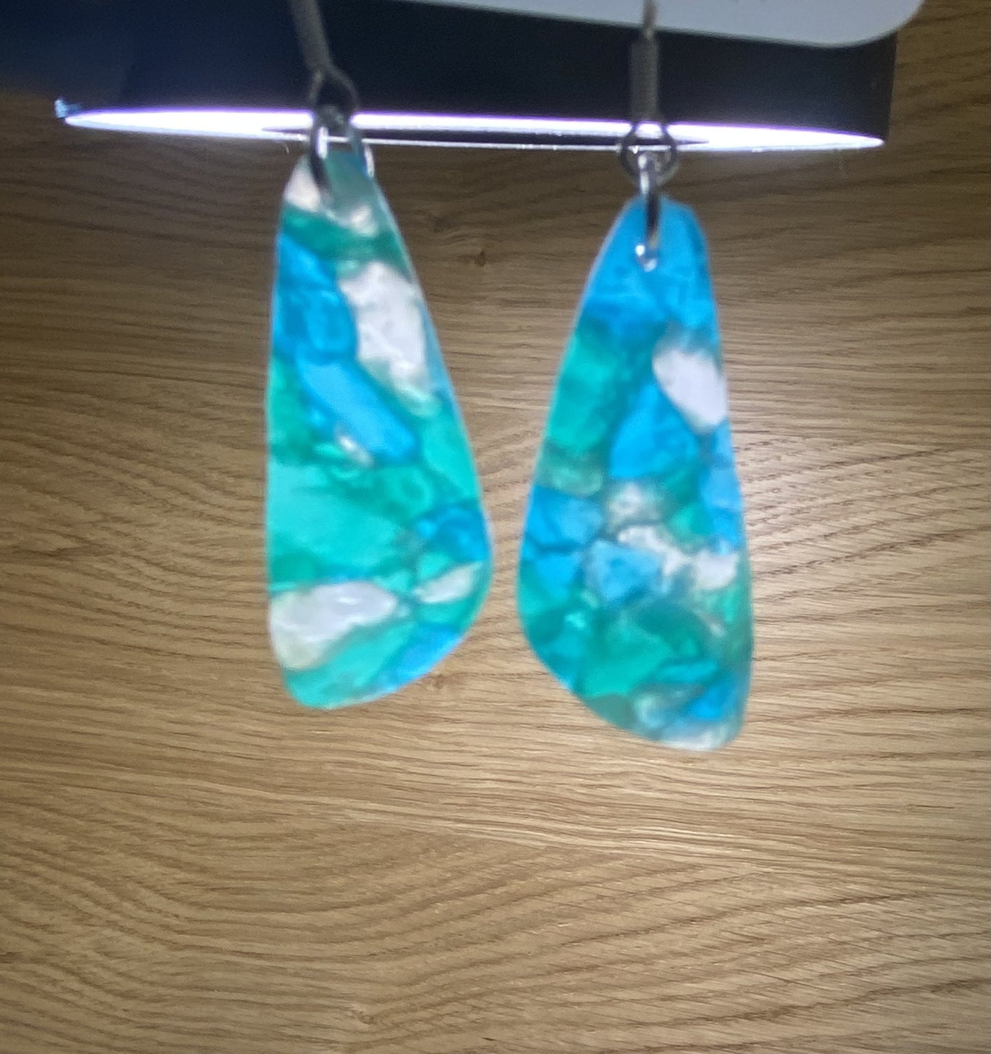 Polymer clay aqua translucent long drop earring