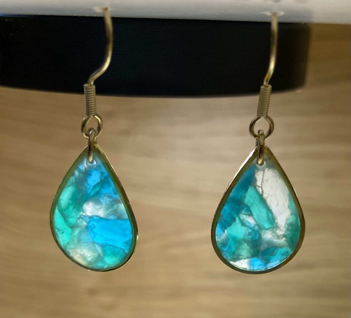 Polymer clay aqua translucent small tear drop earring with gold plated edging