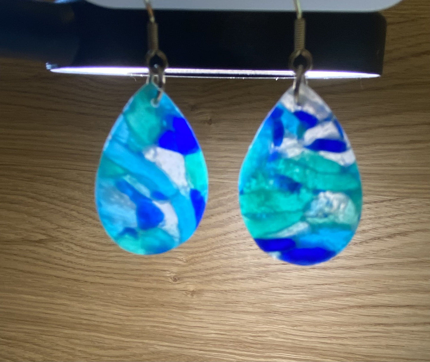 Polymer clay blue translucent large tear drop earring