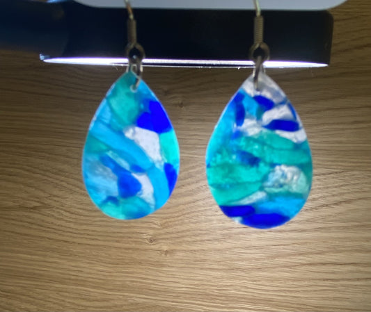 Polymer clay blue translucent large tear drop earring