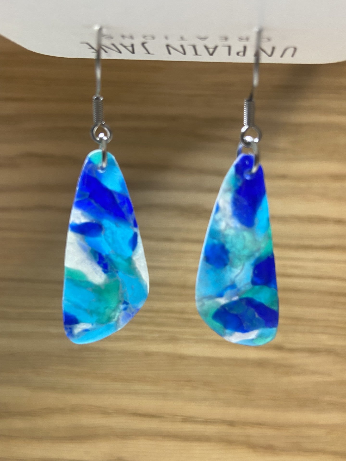 Polymer clay blue translucent long drop earring