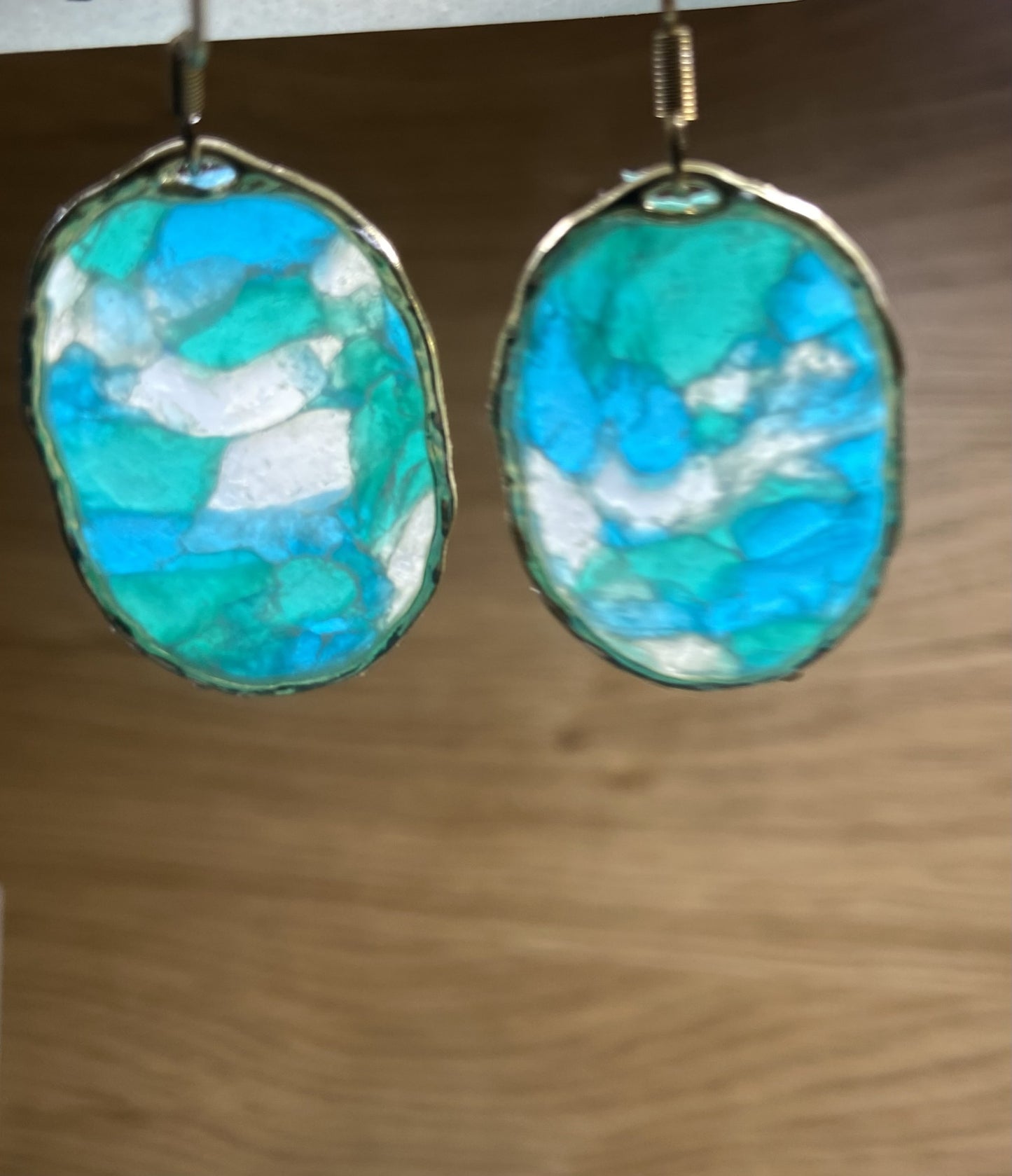Polymer clay aqua translucent large earing with gold edging
