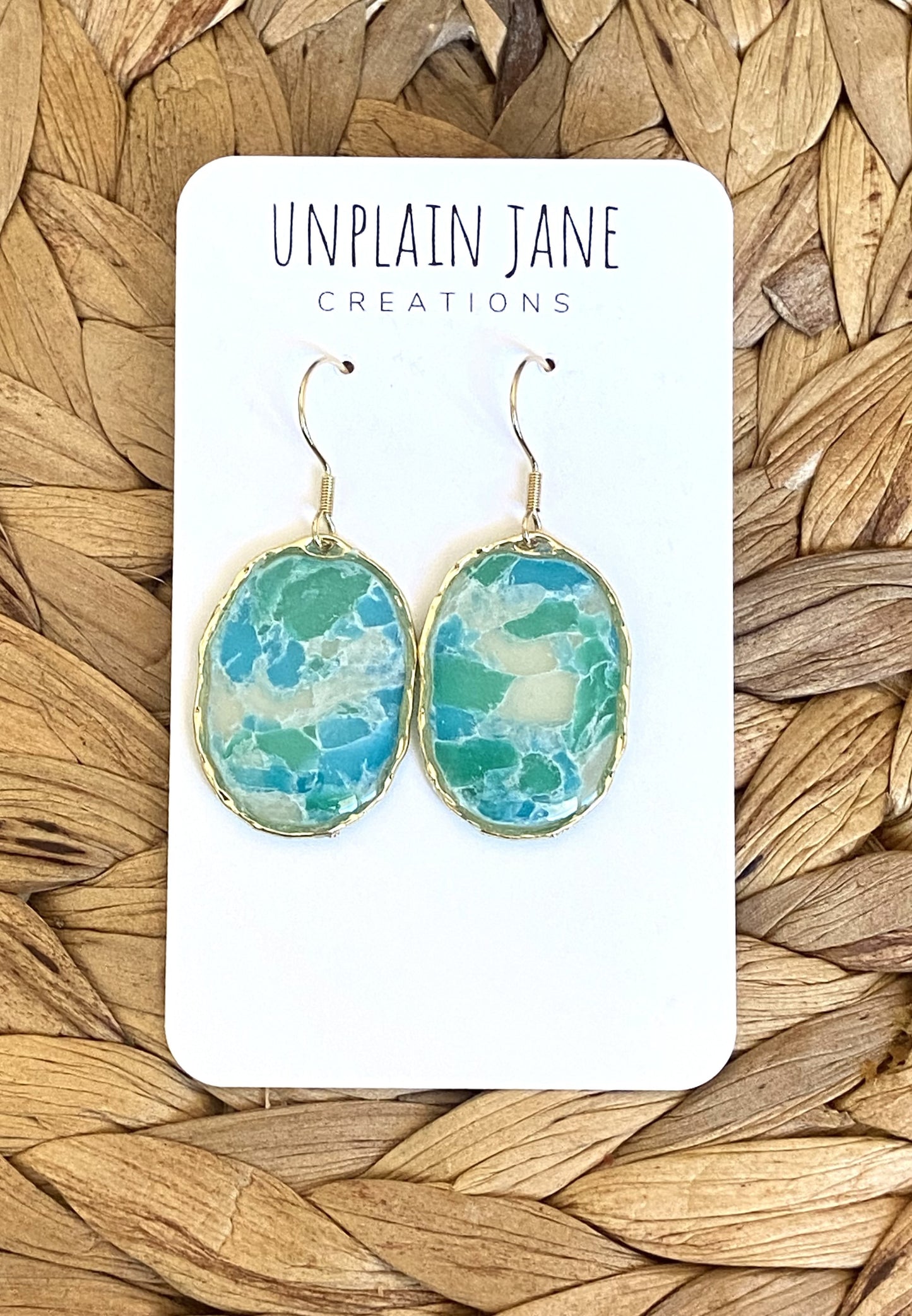 Polymer clay aqua translucent large earing with gold edging