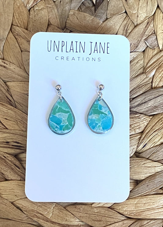 Polymer clay aqua translucent small tear drop silver