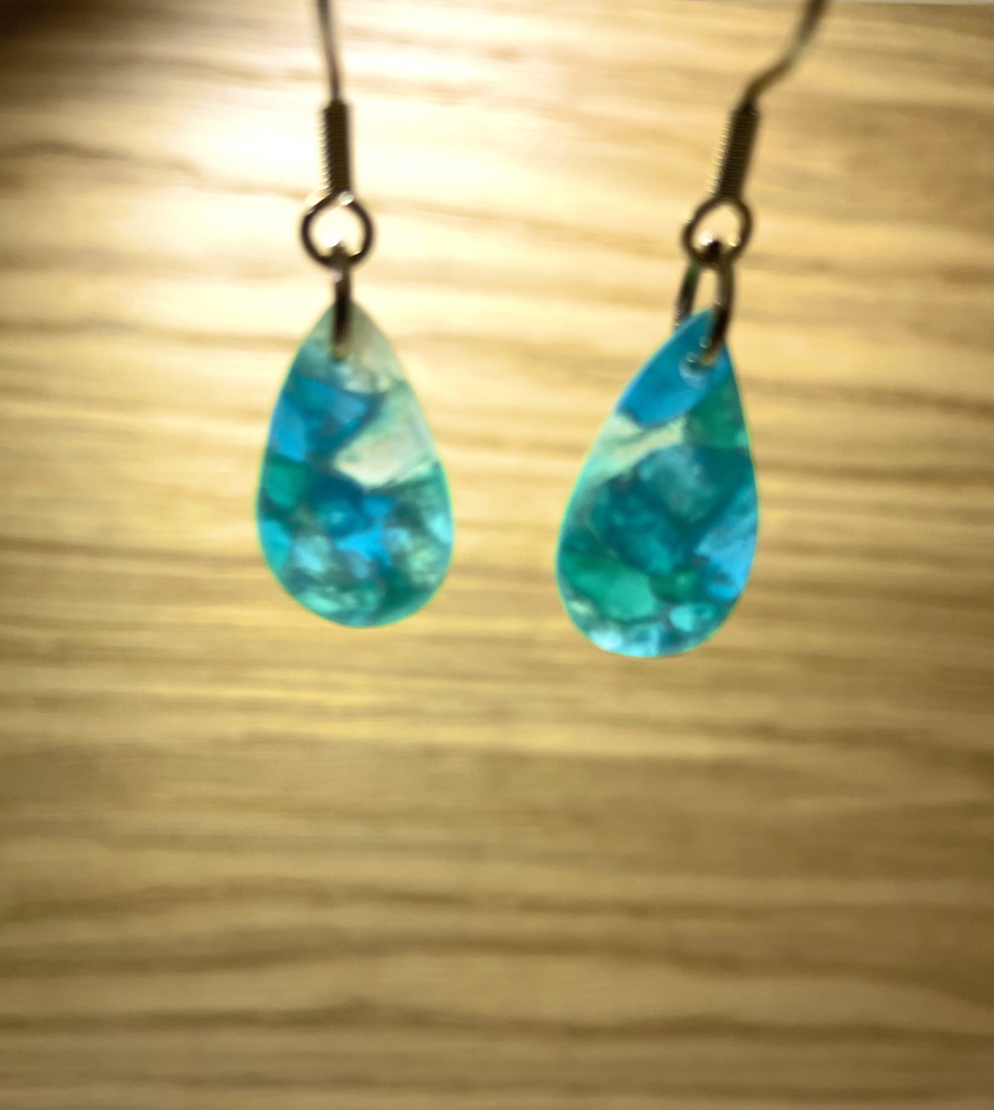 Polymer clay aqua translucent tiny drop earring