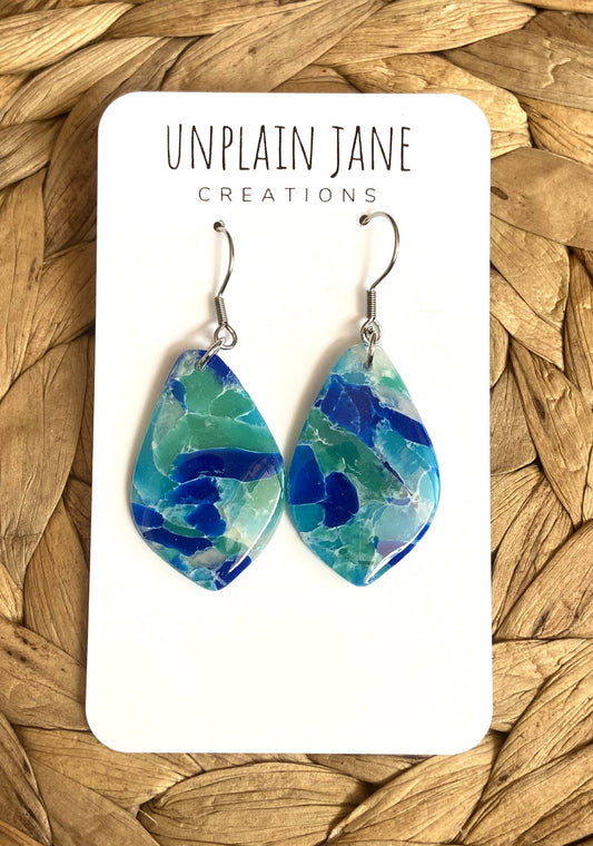 Polymer clay blue translucent large drop earring