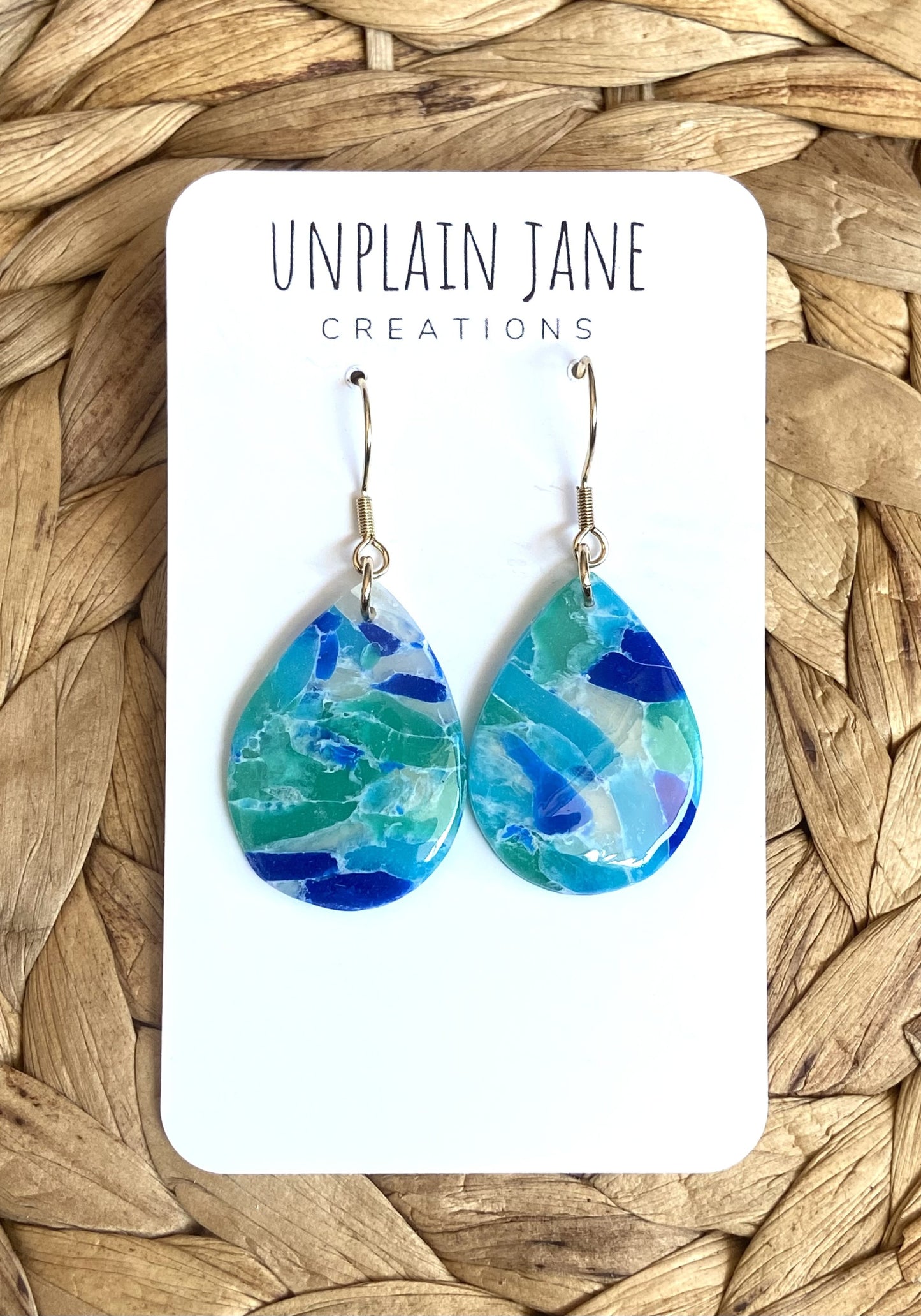 Polymer clay blue translucent large tear drop earring