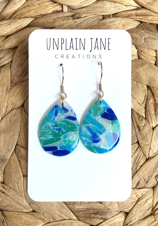 Polymer clay blue translucent large tear drop earring