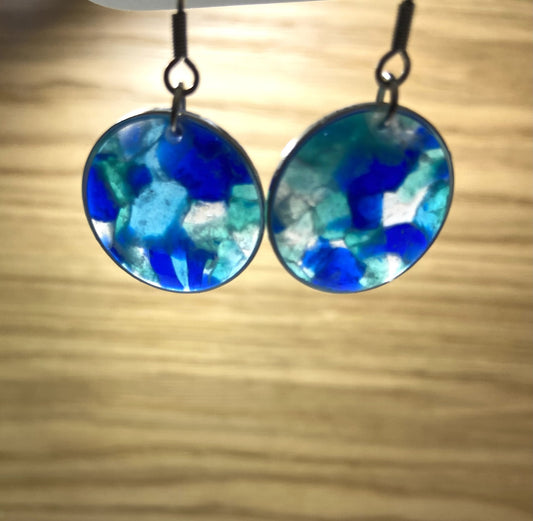 Polymer clay blue translucent round silver edging earring