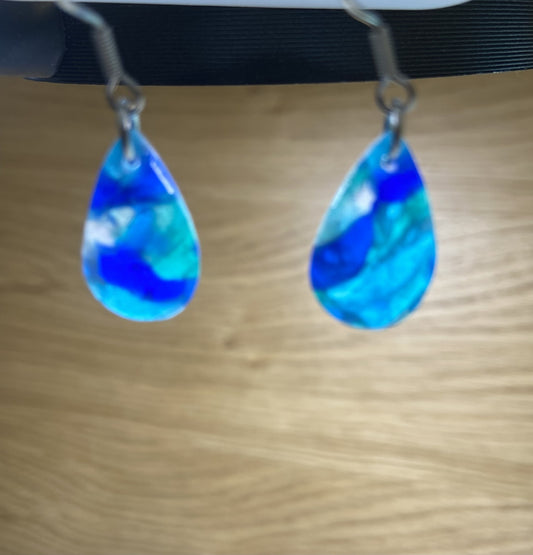 Polymer clay blue translucent small tear drop earring