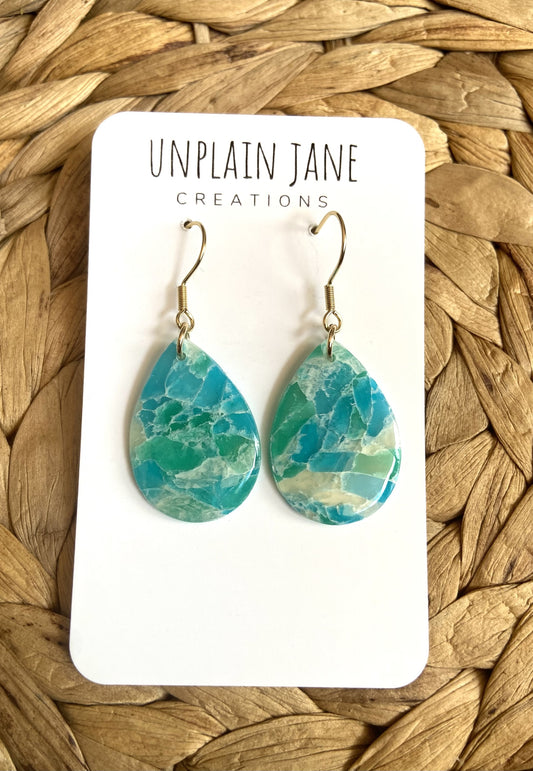 Polymer clay aqua translucent large tear drop earring