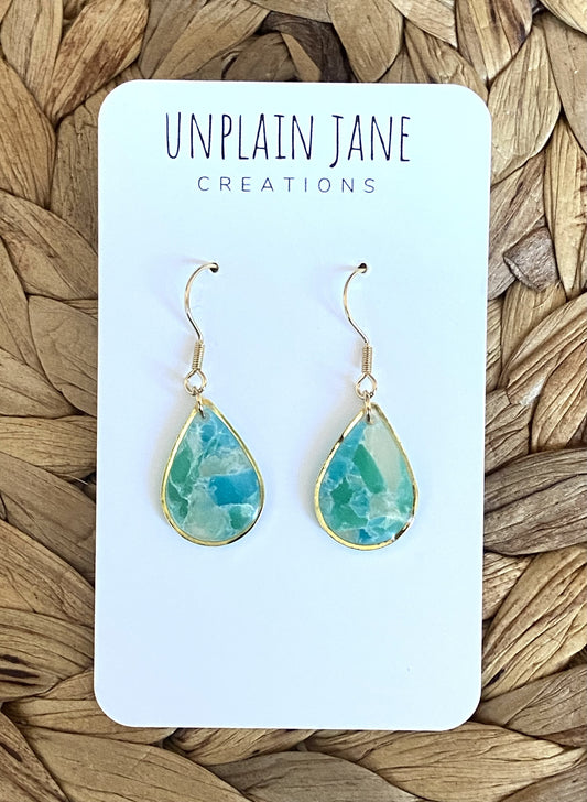 Polymer clay aqua translucent small tear drop earring with gold plated edging
