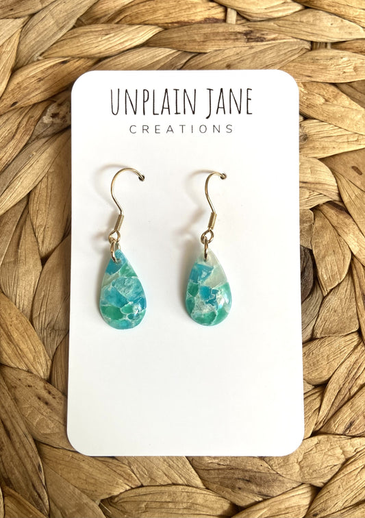 Polymer clay aqua translucent tiny drop earring