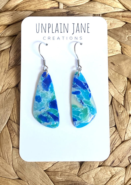 Polymer clay blue translucent long drop earring