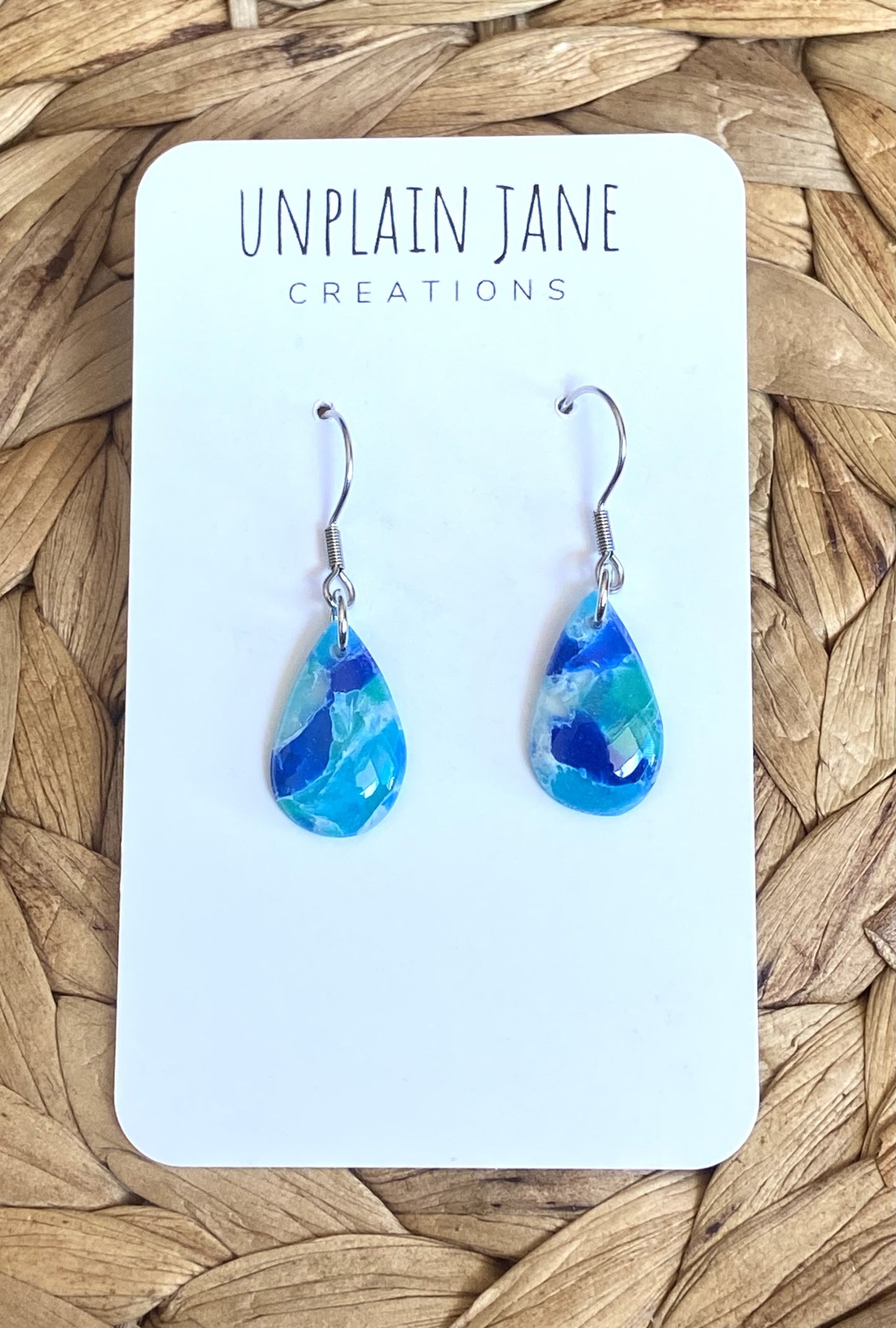 Polymer clay blue translucent small tear drop earring