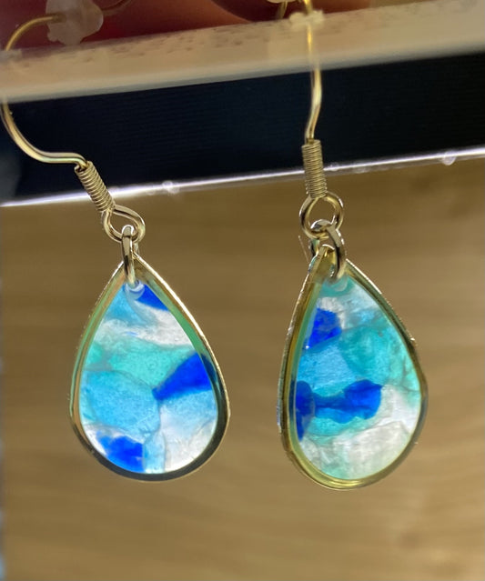 Polymer clay blue translucent small tear drop gold plated edging