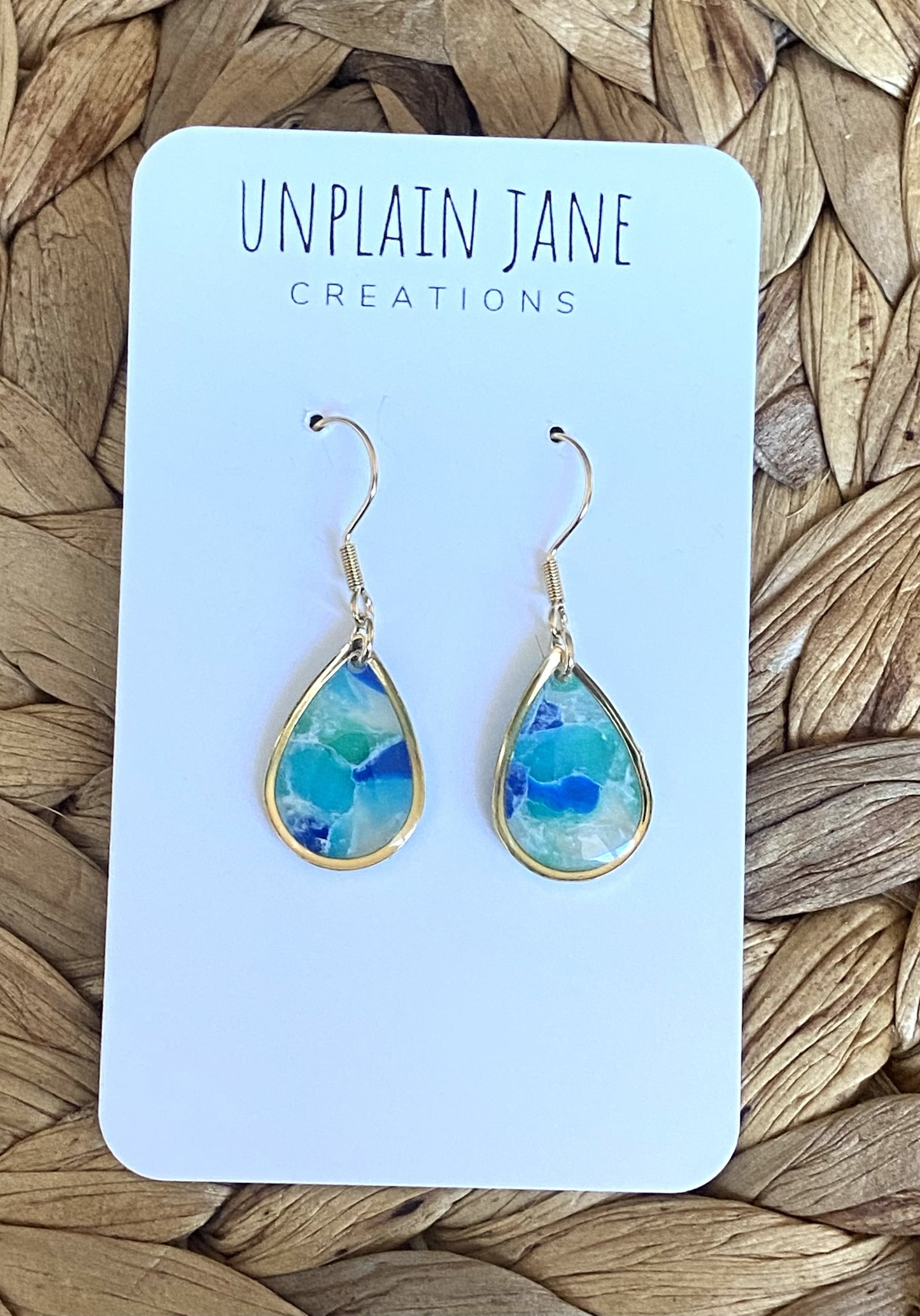 Polymer clay blue translucent small tear drop gold plated edging